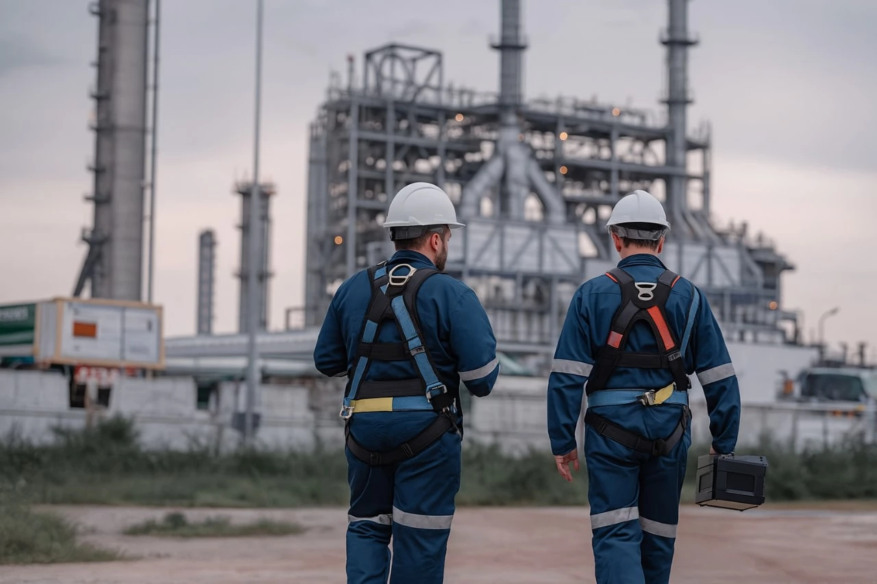 trabajadores ingresando a una planta industrial